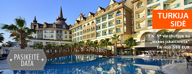 Nepamirštamos atostogos Sidės regione TURKIJOJE! Savaitės poilsis naujame 5* viešbutyje su „viskas įskaičiuota” - tik nuo 458 EUR! Kelionės data: 2018 m. gegužės 30 d.