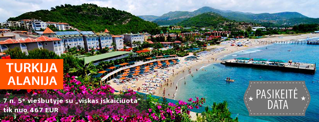 Turiningai praleiskite atostogas žydros jūros pakrantėje TURKIJOJE! Savaitė gerame 5* viešbutyje KEMAL BAY su „viskas įskaičiuota“ - vos nuo 390 EUR! Išvykimo data: 2017 m. rugsėjo 23 d.