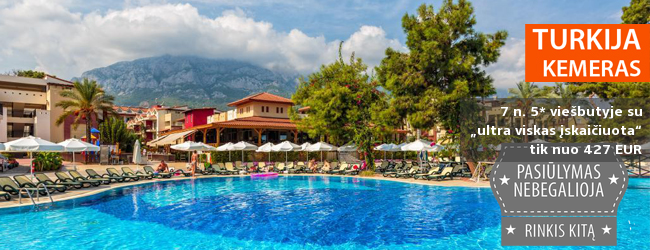 Puiki vieta mėgautis Kemero kurortu TURKIJOJE! Savaitė jaukiame 5* viešbutyje su „ultra viskas įskaičiuota“ - tik nuo 476 EUR! Išvykimo data: 2017 m. spalio 11 d.