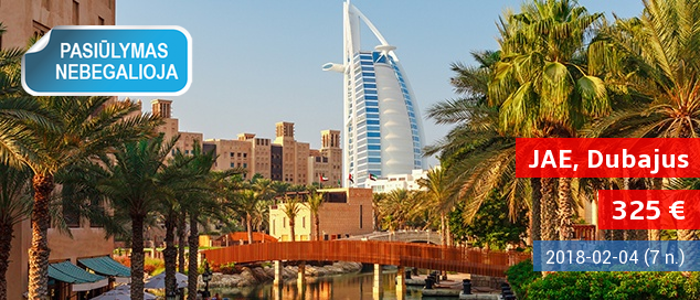 Pasilepinkite ir skirkite sau kelionę į prabanga tviskantį Dubajų! Savaitė poilsio 3* viešbutyje su pusryčiais tik nuo 460 EUR! Išvykimo data: 2018 m. sausio 3 d.