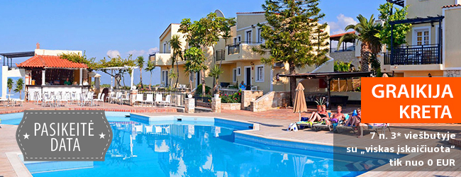 Praleiskite atostogas žavingoje KRETOS saloje! Savaitės atostogos jaukiame ir turistų pamėgtame 3* viešbutyje su „viskas įskaičiuota“ - vos nuo 469 EUR! Kelionės data: 2018 m. rugsėjo 2 d.