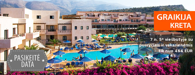 Kokybiškos pavasario atostogos žavingoje KRETOS saloje! Savaitė su šeima labai gerai vertinamame 5* viešbutyje su pusryčiais ir vakarienėmis - vos nuo 412 EUR! Data: 2018 m. spalio 9 d.