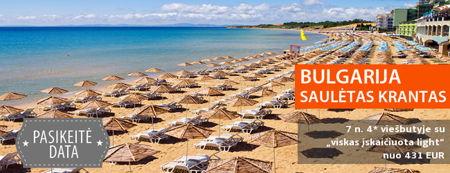Atostogos paplūdimyje - šurmuliuojančiame BULGARIJOS kurorte! Savaitė gerame 4* viešbutyje su pusryčiais ir vakarienėmis - vos nuo 433 EUR! Kelionės data: 2018 m. rugsėjo 7 d.