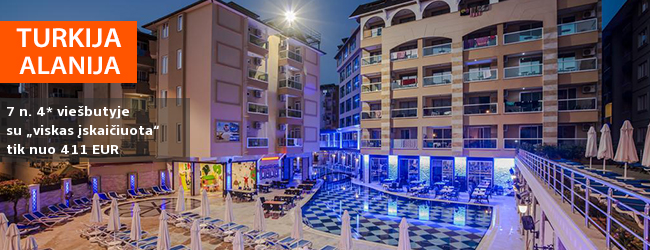 Aktyvios atostogos pramogaujant ALANIJOS kurorte, Turkijoje! Savaitė labai gerai vertinamame 4* viešbutyje su „viskas įskaičiuota” - tik nuo 383 EUR! Išvykimo data: 2018 m. rugpjūčio 14 d.