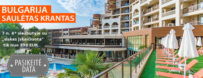 Atostogos su šeima Bulgarijoje, Saulėtame Krante, šalia smėlio paplūdimio! Savaitė kokybiškame 4* viešbutyje su „viskas įskaičiuota“ - tik nuo 432 EUR! Kelionės data: 2018 m. rugpjūčio 19 d.