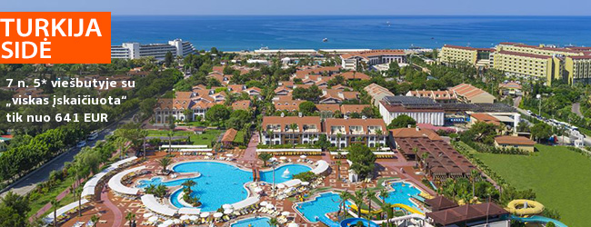 Pramogų kupinos atostogos po karšta TURKIJOS saule Sidės kurorte! Savaitės poilsis gerame 5* viešbutyje ant jūros kranto su „viskas įskaičiuota“ tik nuo – 413 EUR! Išvykimas: 2019 m. balandžio 14 d.