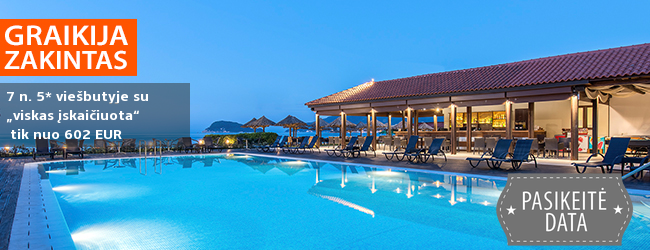 Šeimos atostogos vaizdingoje Zakinto saloje, GRAIKIJOJE! 7 n. poilsis elegantiškame 5* viešbutyje ant jūros kranto su „viskas įskaičiuota“ – nuo 502 EUR! Kelionės data: 2019 m. gegužės 28 d.