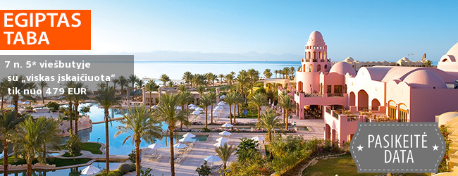 Mėgaukitės poilsiu prie jūros po karštąja EGIPTO saule! Savaitės atostogos Tabos regione, puikiame 5* viešbutyje su „viskas įskaičuota“ – tik nuo 449 EUR! Kelionės data: 2019 m. sausio 9 d.